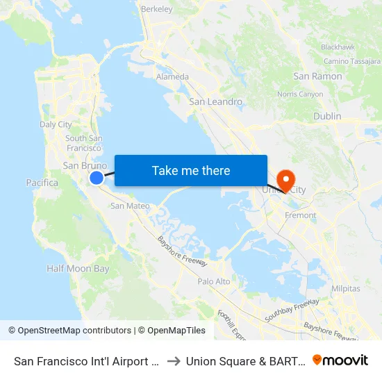 San Francisco Int'l Airport (SFO) to Union Square & BART Way map