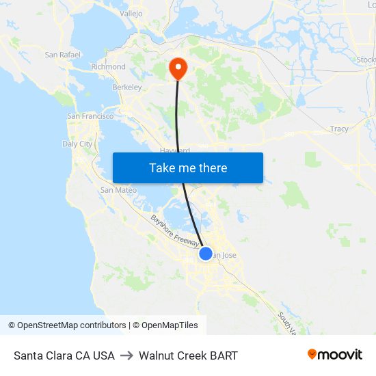 Santa Clara CA USA to Walnut Creek BART map