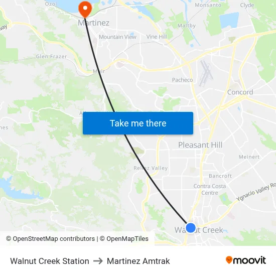 Walnut Creek Station to Martinez Amtrak map
