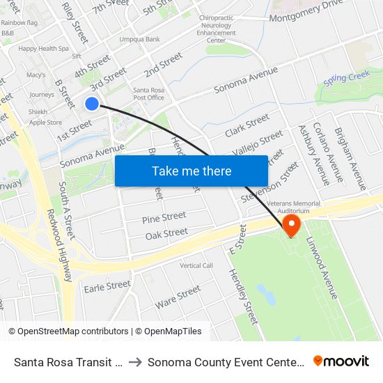 Santa Rosa Transit Mall Terminal to Sonoma County Event Center at the Fairgrounds map