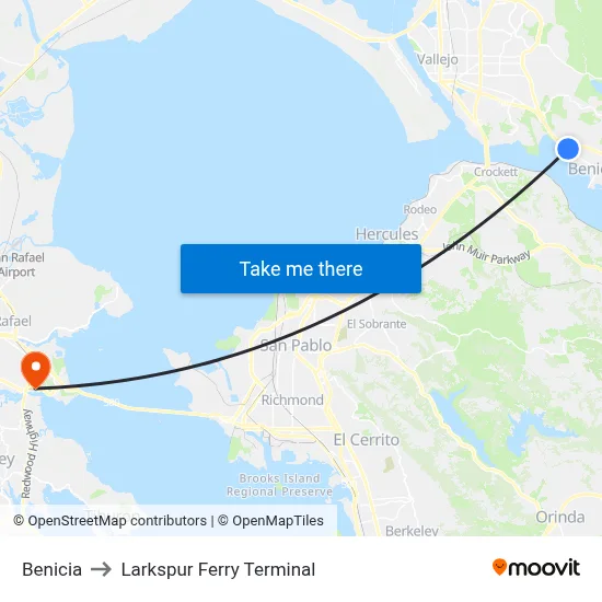 Benicia to Larkspur Ferry Terminal map