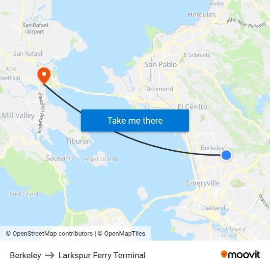 Berkeley to Larkspur Ferry Terminal map