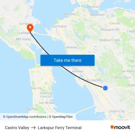 Castro Valley to Larkspur Ferry Terminal map