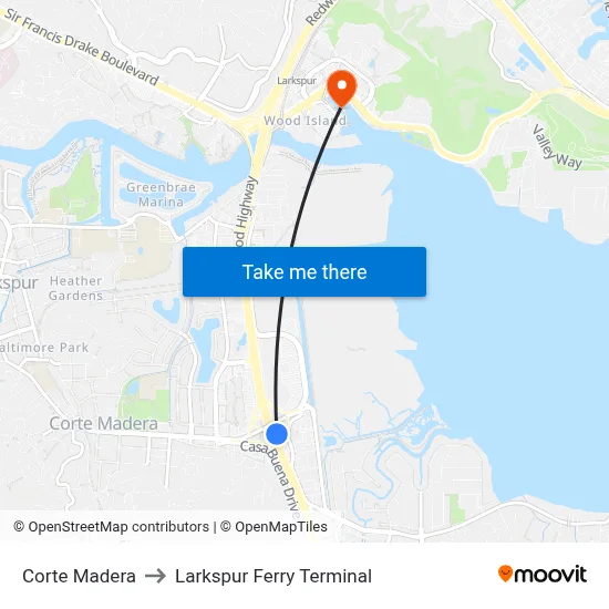 Corte Madera to Larkspur Ferry Terminal map