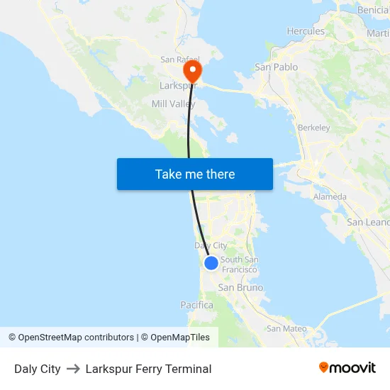 Daly City to Larkspur Ferry Terminal map