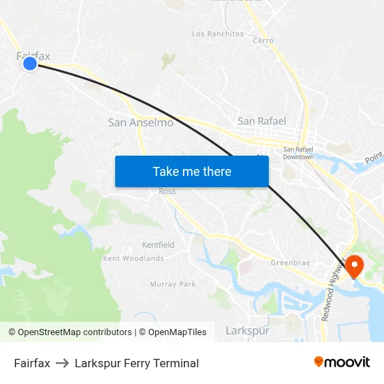 Fairfax to Larkspur Ferry Terminal map