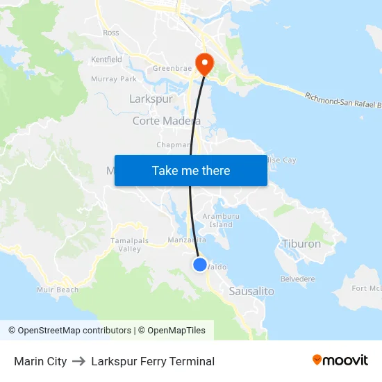 Marin City to Larkspur Ferry Terminal map