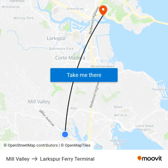 Mill Valley to Larkspur Ferry Terminal map
