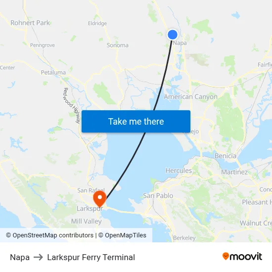 Napa to Larkspur Ferry Terminal map