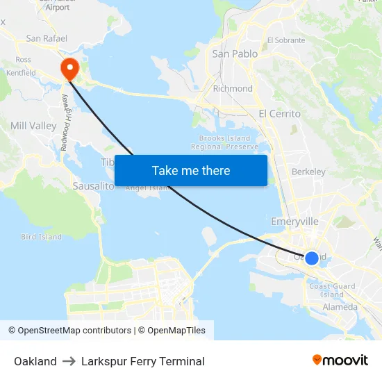 Oakland to Larkspur Ferry Terminal map