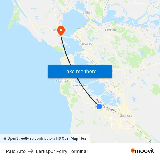 Palo Alto to Larkspur Ferry Terminal map
