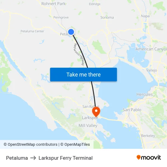 Petaluma to Larkspur Ferry Terminal map