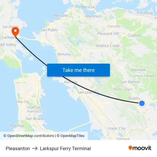 Pleasanton to Larkspur Ferry Terminal map