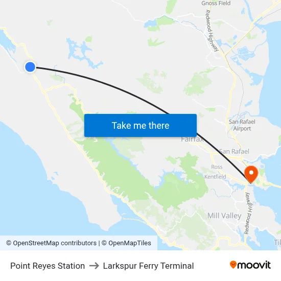 Point Reyes Station to Larkspur Ferry Terminal map