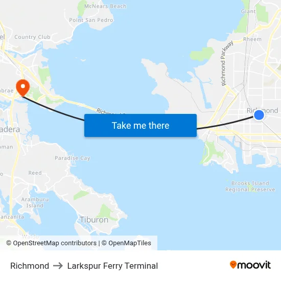 Richmond to Larkspur Ferry Terminal map