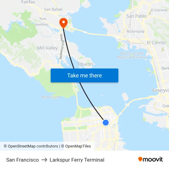 San Francisco to Larkspur Ferry Terminal map