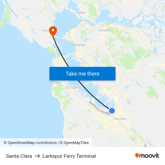 Santa Clara to Larkspur Ferry Terminal map