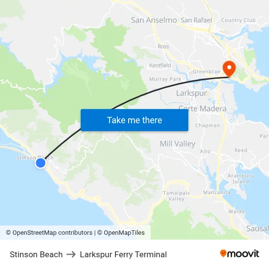 Stinson Beach to Larkspur Ferry Terminal map