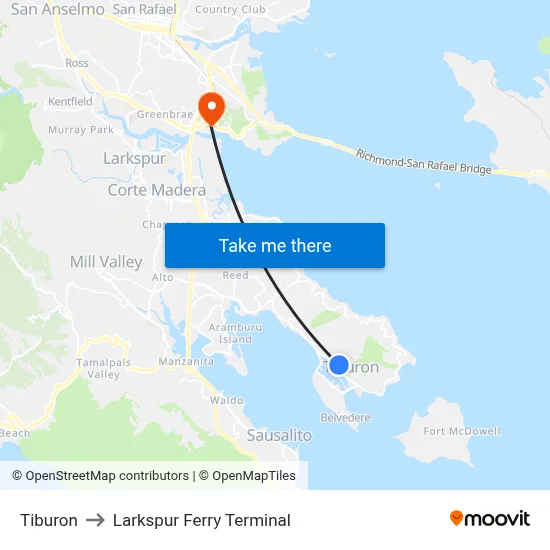 Tiburon to Larkspur Ferry Terminal map
