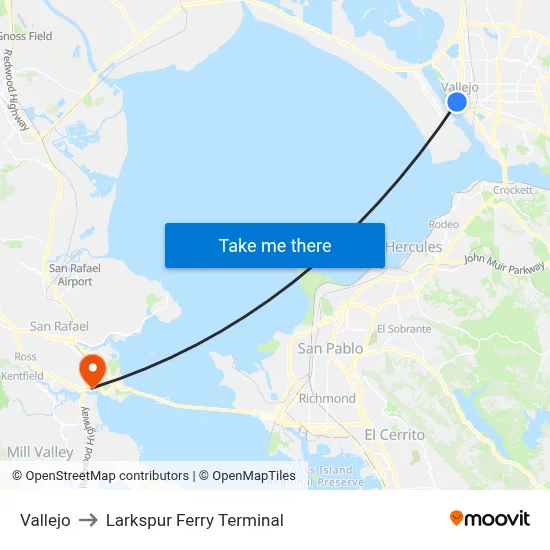 Vallejo to Larkspur Ferry Terminal map