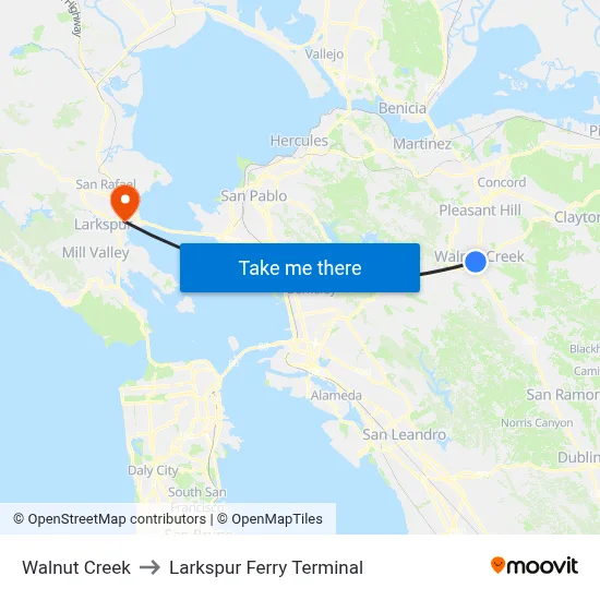 Walnut Creek to Larkspur Ferry Terminal map