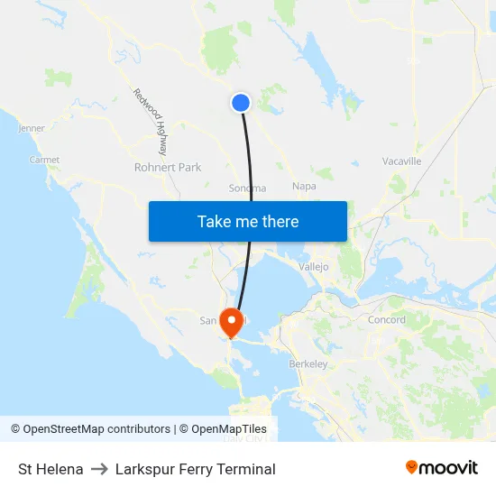 St Helena to Larkspur Ferry Terminal map