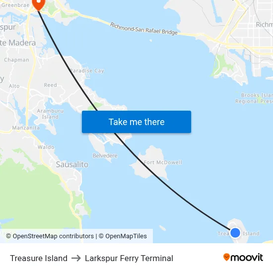 Treasure Island to Larkspur Ferry Terminal map