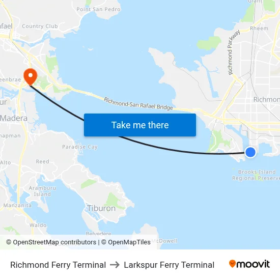 Richmond Ferry Terminal to Larkspur Ferry Terminal map