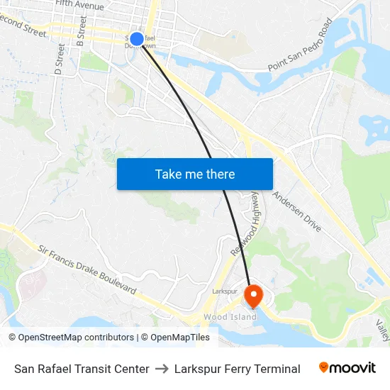 San Rafael Downtown to Larkspur Ferry Terminal map