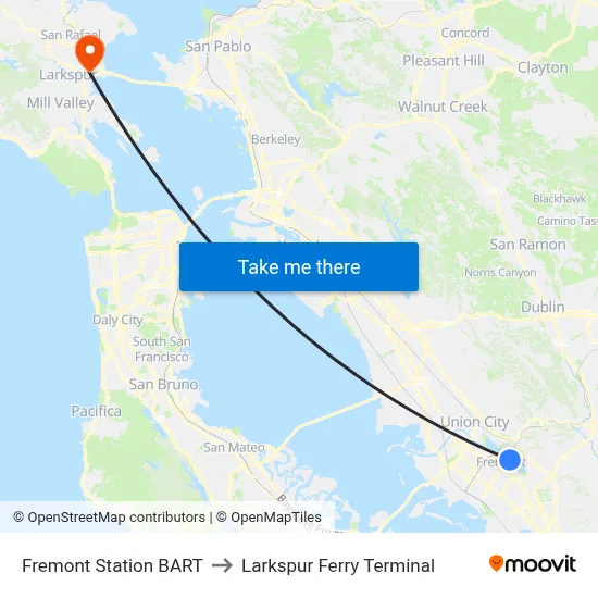 Fremont Station BART to Larkspur Ferry Terminal map