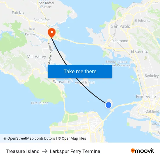 Treasure Island to Larkspur Ferry Terminal map