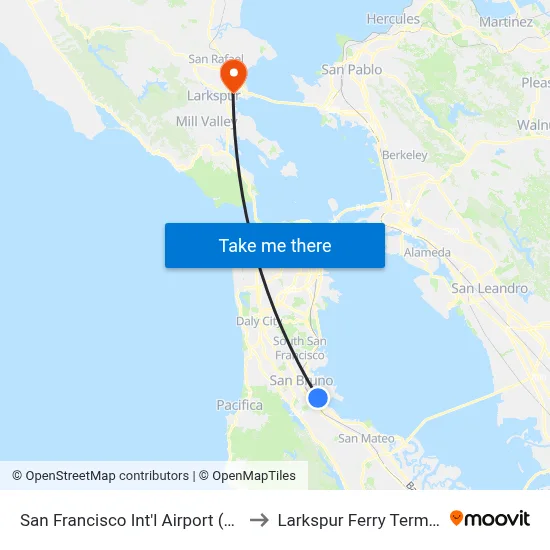 San Francisco Int'l Airport (SFO) to Larkspur Ferry Terminal map