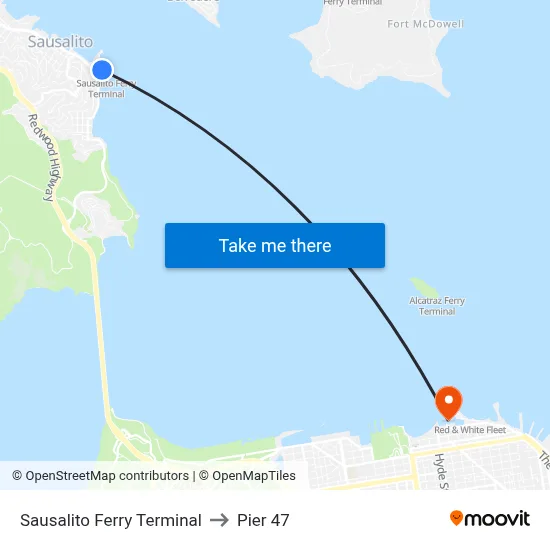 Sausalito Ferry Terminal to Pier 47 map