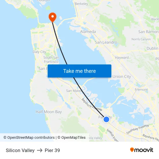 Silicon Valley to Pier 39 map