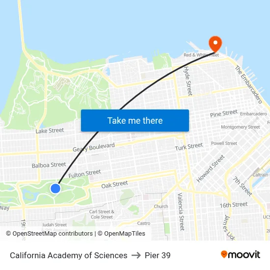 California Academy of Sciences to Pier 39 map