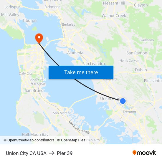 Union City CA USA to Pier 39 map