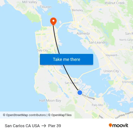 San Carlos CA USA to Pier 39 map