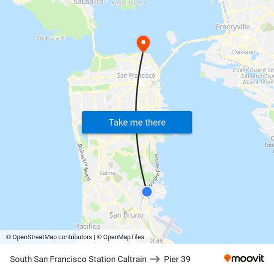 South San Francisco Station Caltrain to Pier 39 map