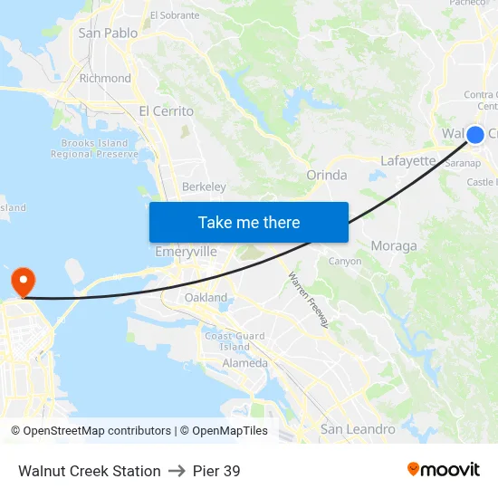 Walnut Creek Station to Pier 39 map