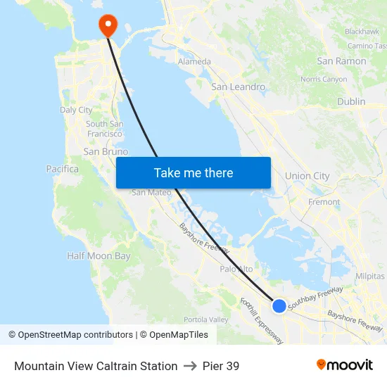 Mountain View Caltrain Station to Pier 39 map