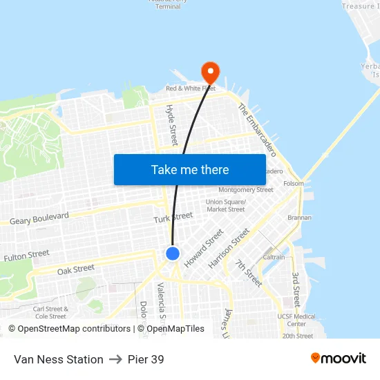 Van Ness Station to Pier 39 map