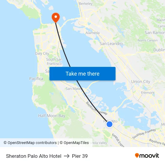 Sheraton Palo Alto Hotel to Pier 39 map