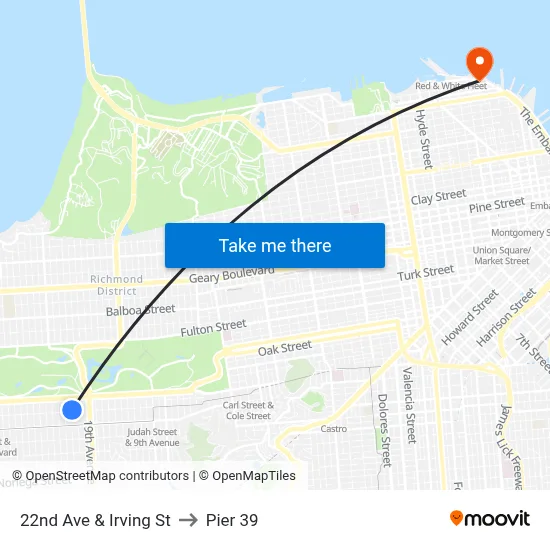 22nd Ave & Irving St to Pier 39 map