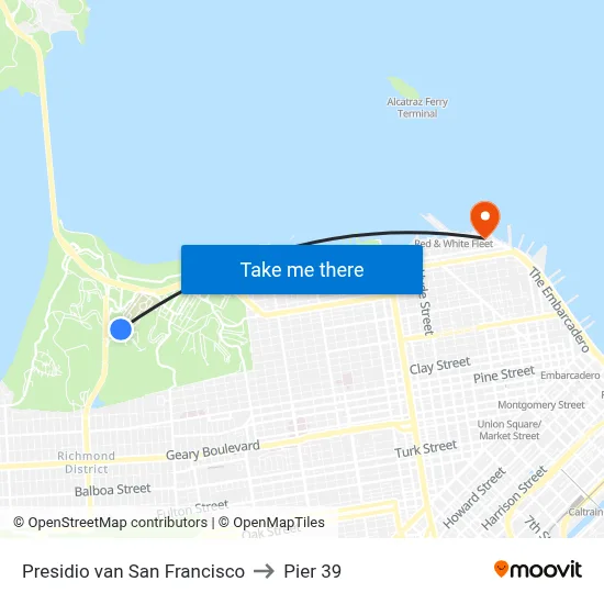 Presidio van San Francisco to Pier 39 map