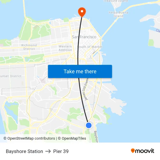 Bayshore Station to Pier 39 map