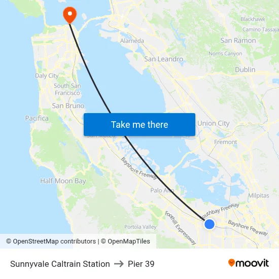 Sunnyvale Caltrain Station to Pier 39 map