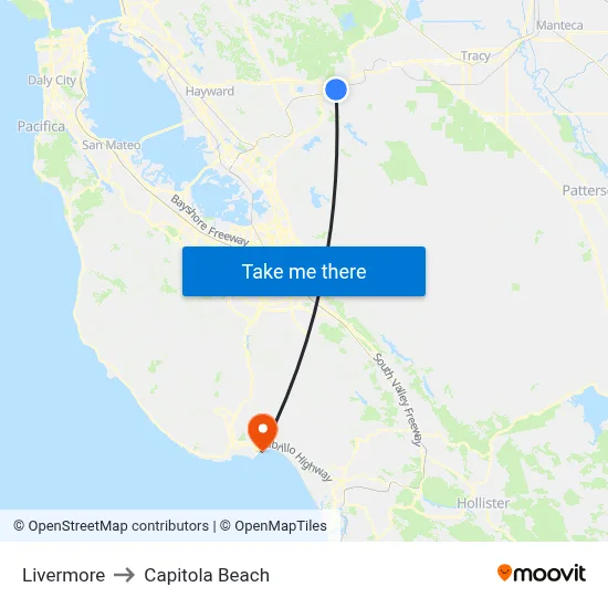 Livermore to Capitola Beach map