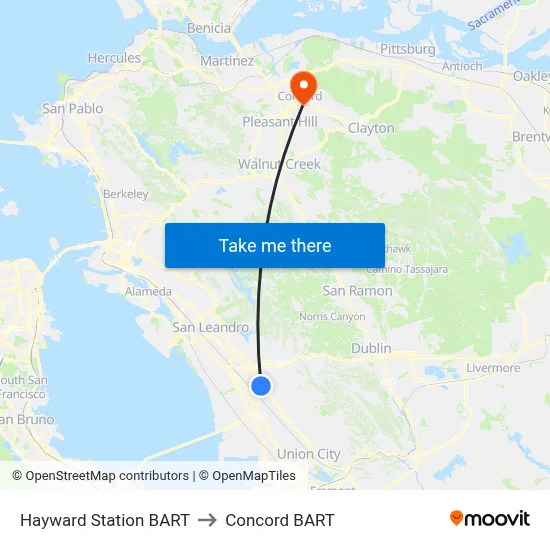 Hayward Station BART to Concord BART map
