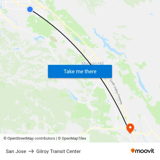 San Jose to Gilroy Transit Center map