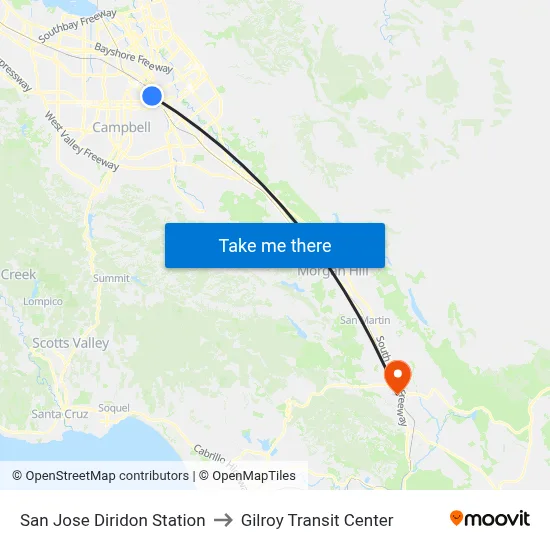 San Jose Diridon Station to Gilroy Transit Center map